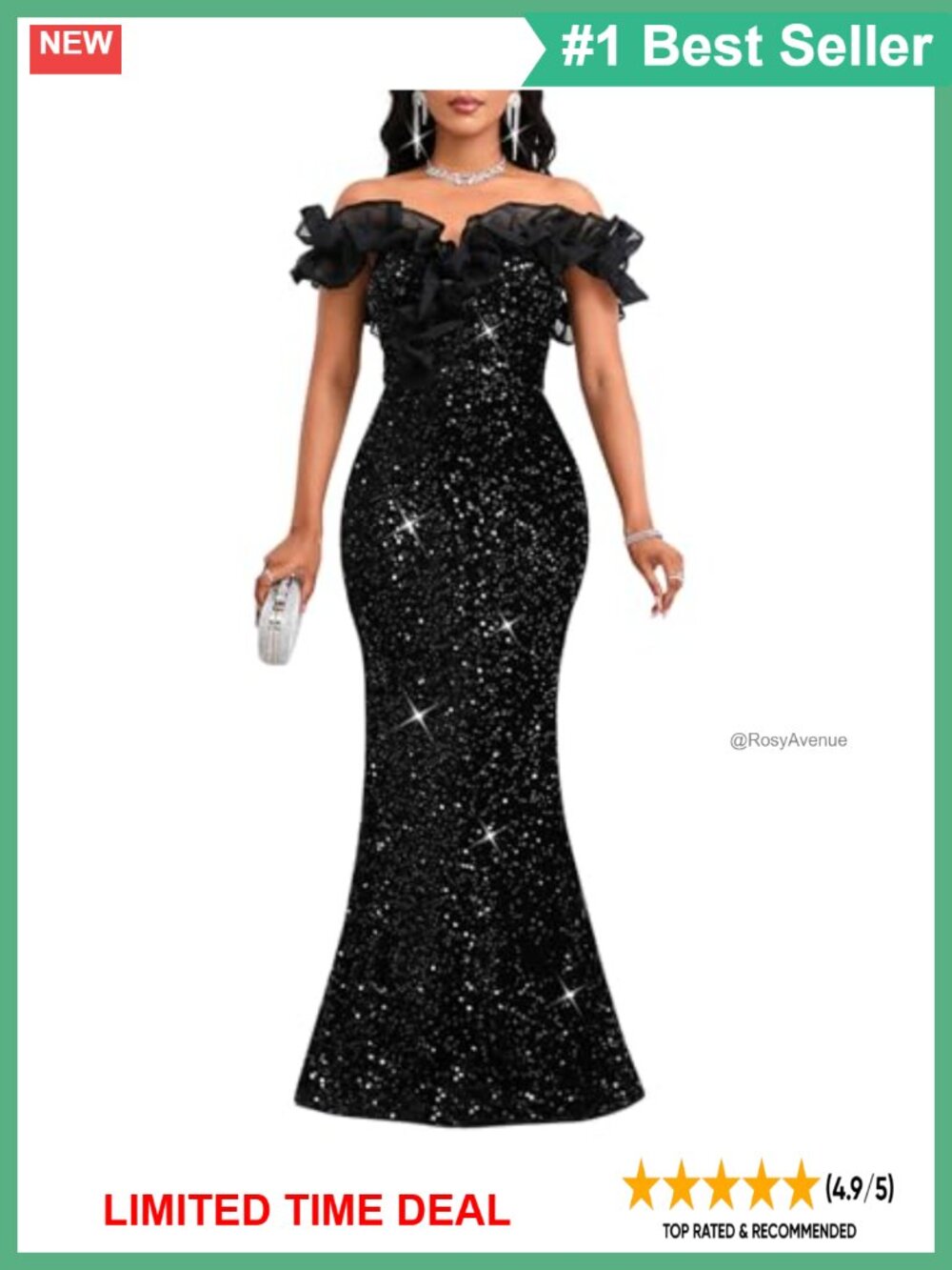 Sequin Off Shoulder Ruffle Mermaid Formal Evening Gown Dress